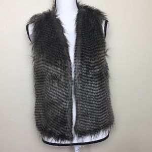 JustFab Medium Faux Fur Striped Brown Vest
